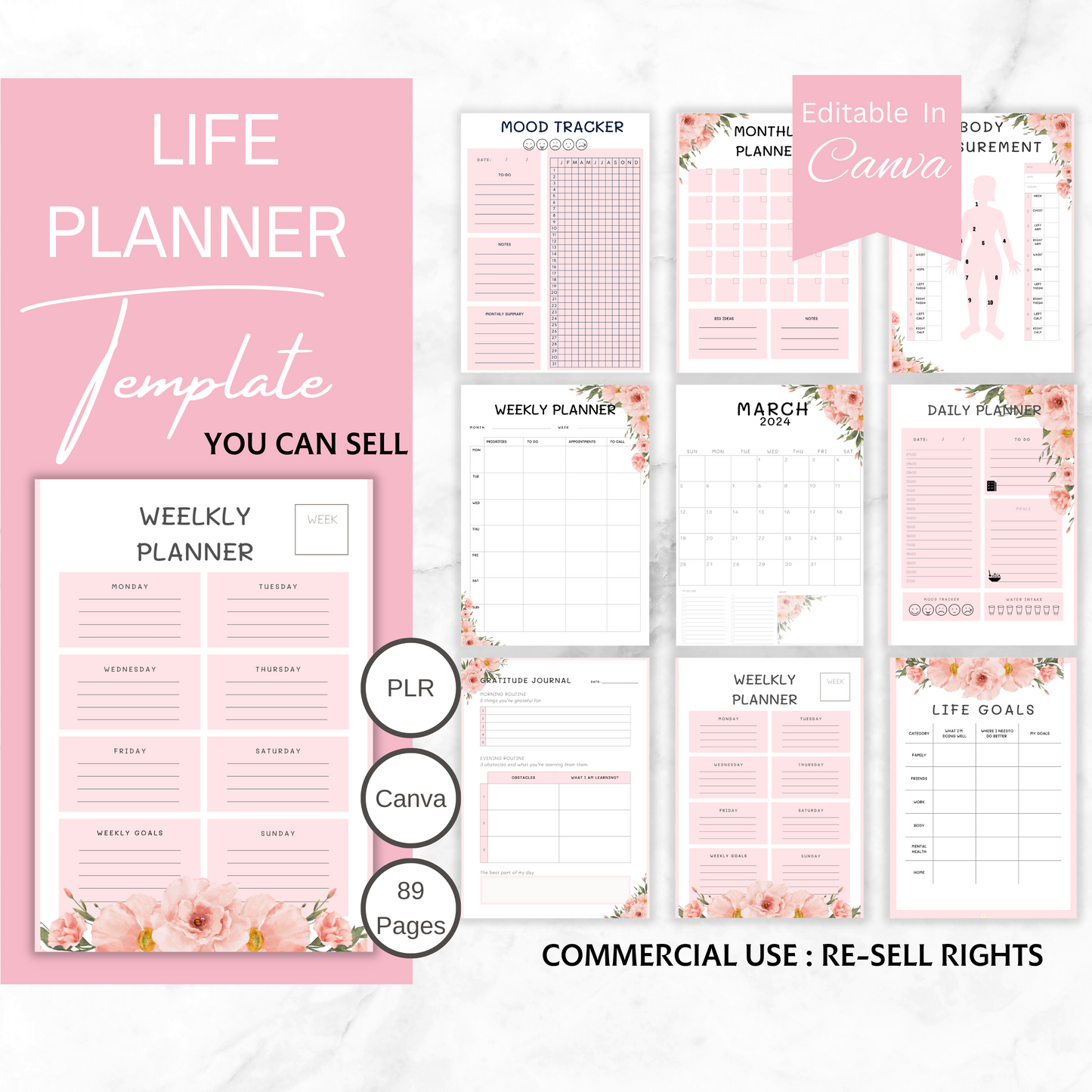 PLR Life Planner Template, Printable PDF with Commercial License to Resell, PLR Printables, Canva Template Commercial, Diary, Calendar