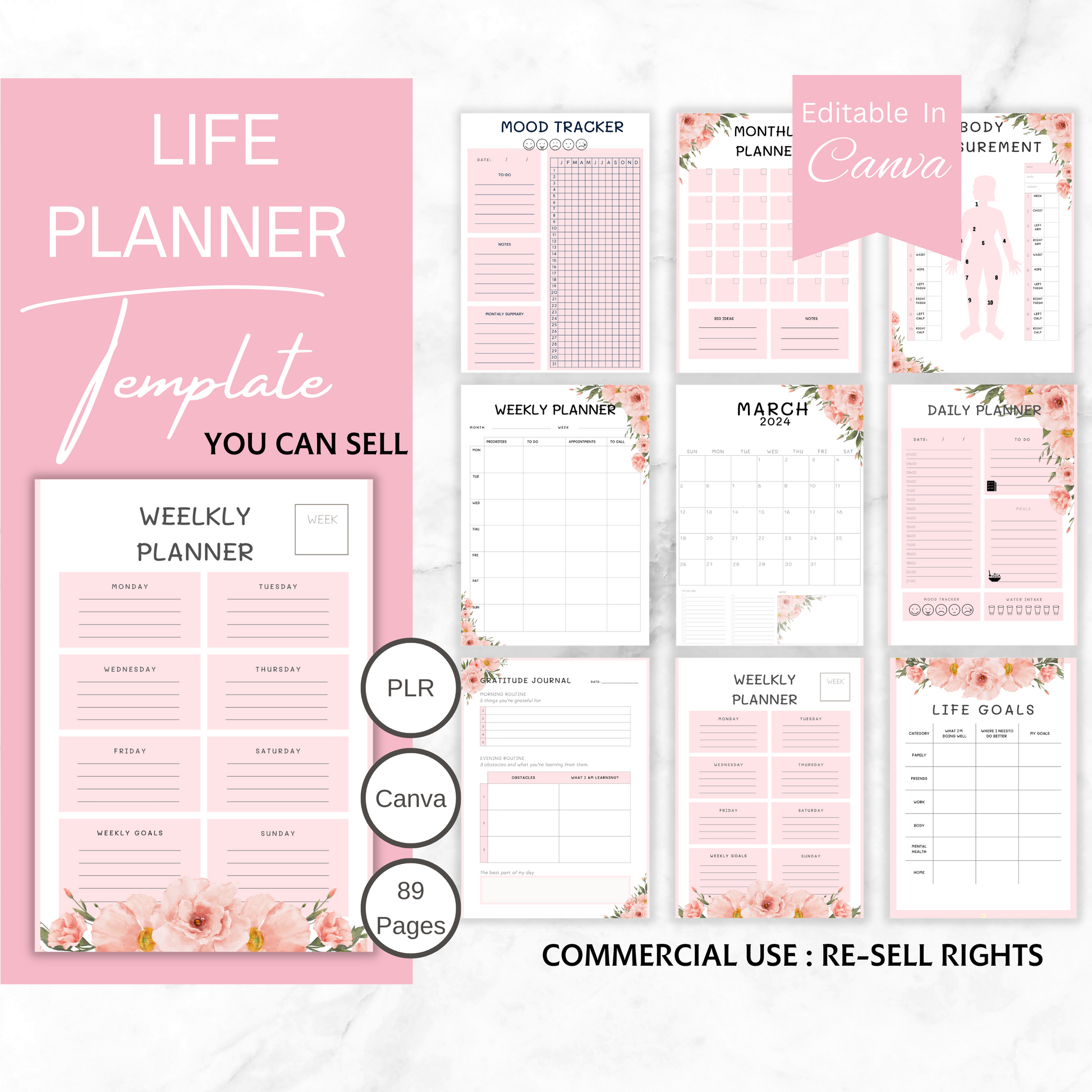 PLR Life Planner Template, Printable PDF with Commercial License to Resell,  PLR Printables, Canva Template Commercial, Diary, Calendar