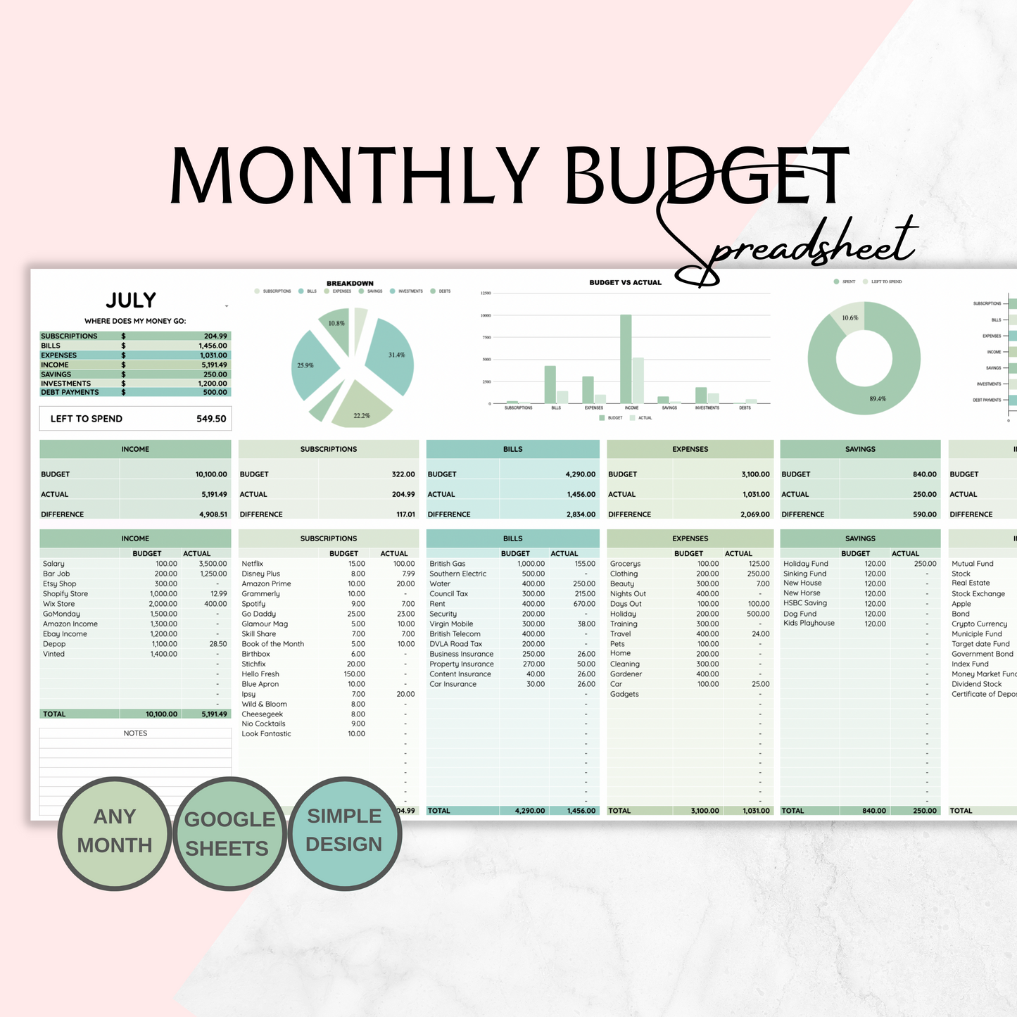 Monthly Budget Spreadsheet Template for Google Sheets, Budget Planner, Financial Planner, Expense Tracker, Savings Tracker, Budget Tracker