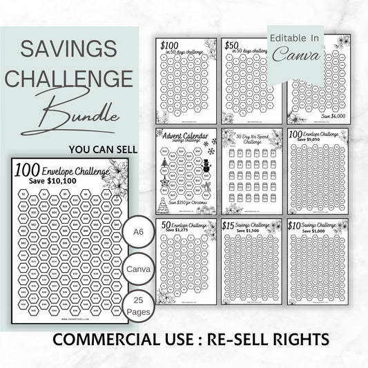 PLR Savings Challenge Templates, Printable PDF with Commercial License to Resell, PLR Printables, Canva Template Commercial, Money Saving Challenges, Private Label Rights