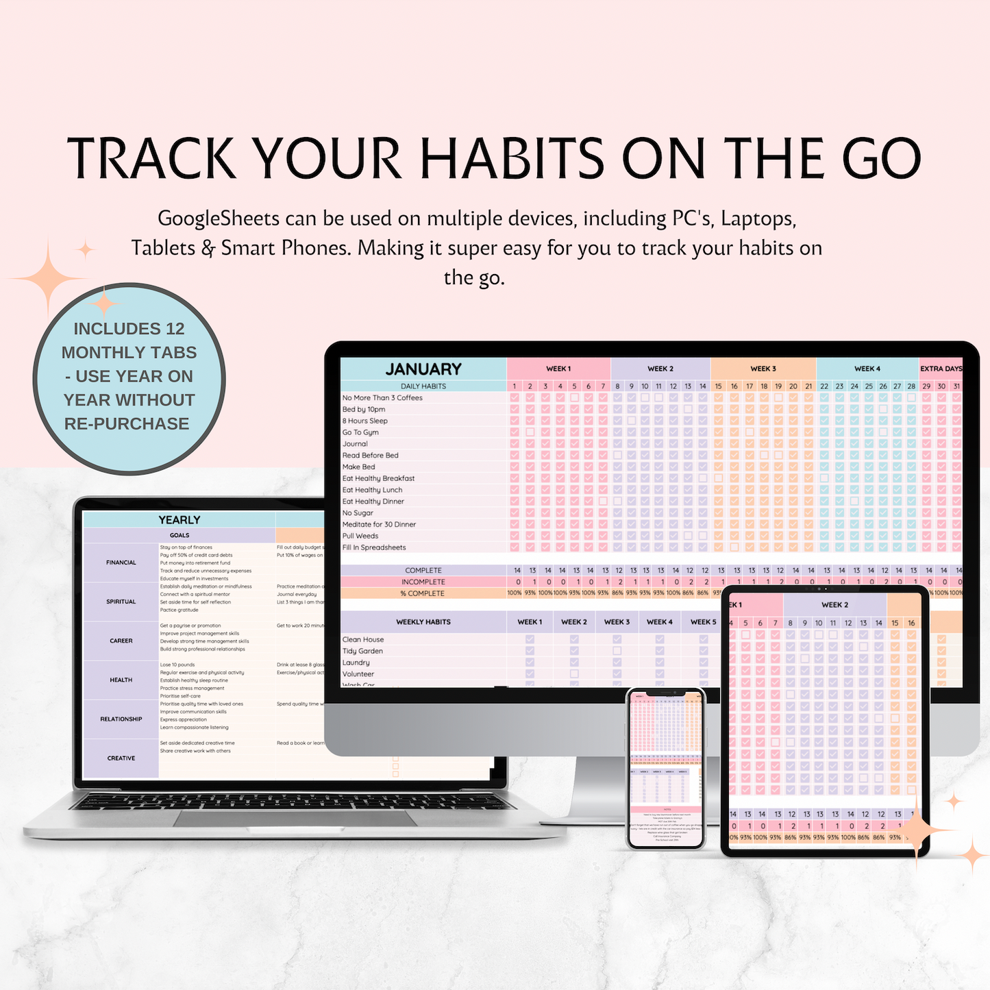Habit Tracker, Google Sheets Habit Spreadsheet with Resell Rights