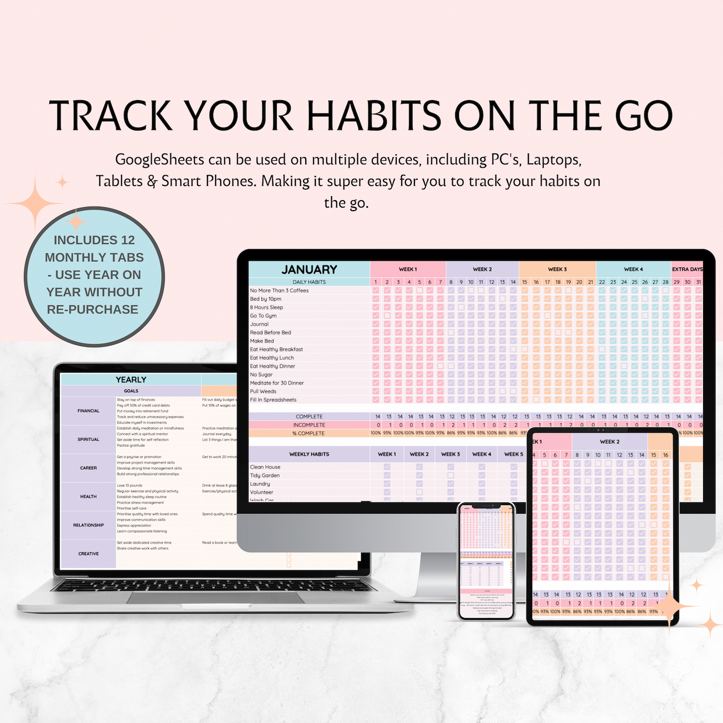 Habit Tracker, Google Sheets Habit Spreadsheet, Daily, Weekly, Monthly, and Yearly Habit Goal Log and Tracker, January - December Tracker